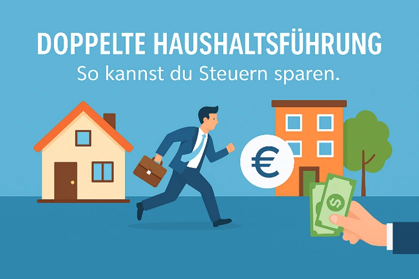 Geschäftsmann, der zwischen zwei Häusern rennt Doppelte Haushaltsführung